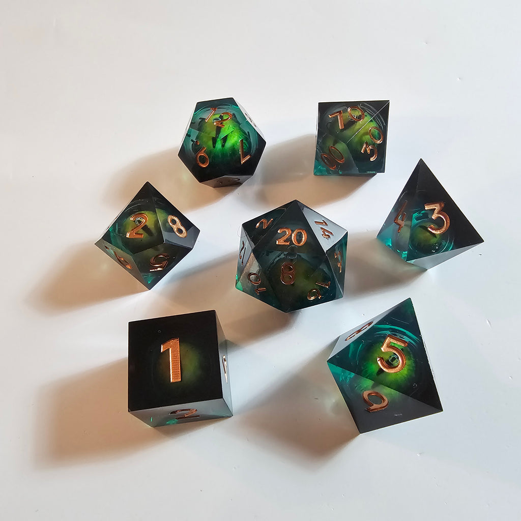 Green Dragon Eye Liquid Core Resin Dice Set