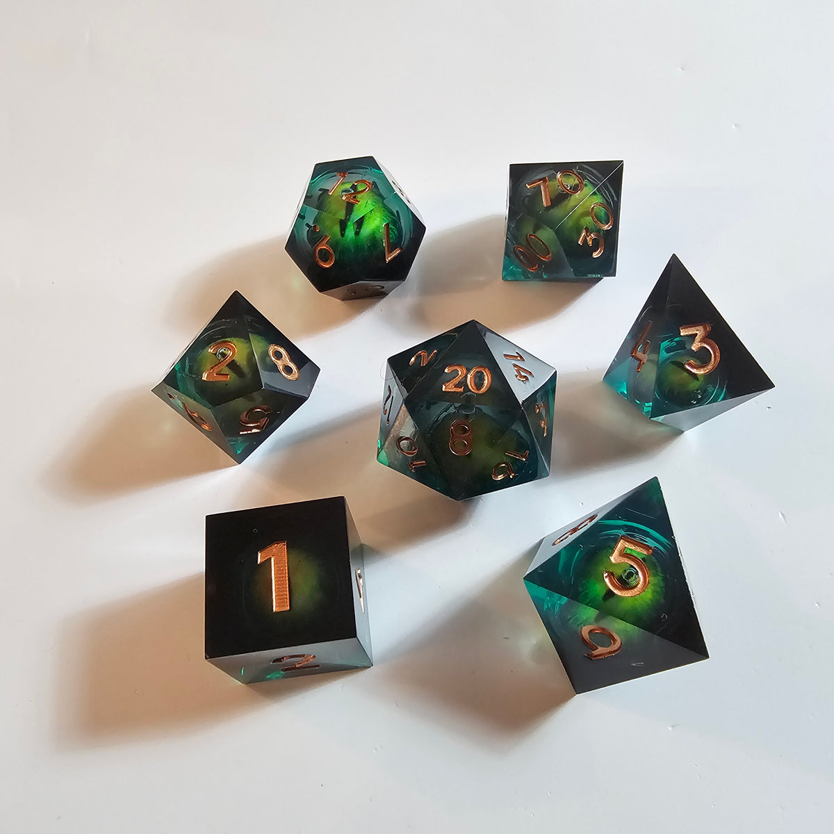 Green Dragon Eye Liquid Core Resin Dice Set