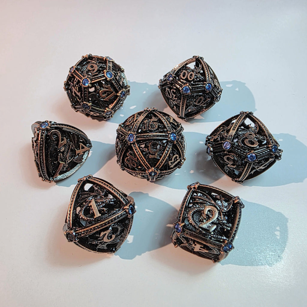 Brass Sapphire Dragoncrown Hollow Metal Dice Set