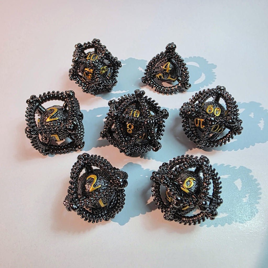 Dragon Egg Black Gold Hollow Metal Dice Set