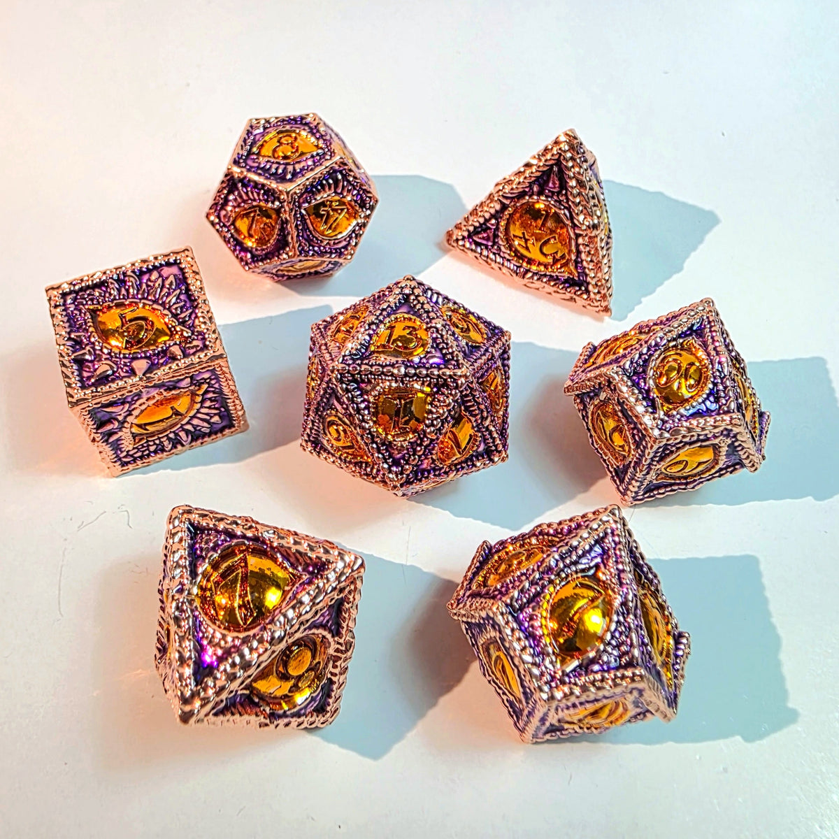 Amber Eye Purple Solid Metal Dice Set