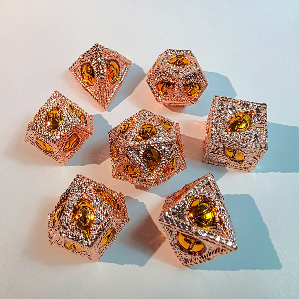 Amber Eye Rose Gold Solid Metal Dice Set