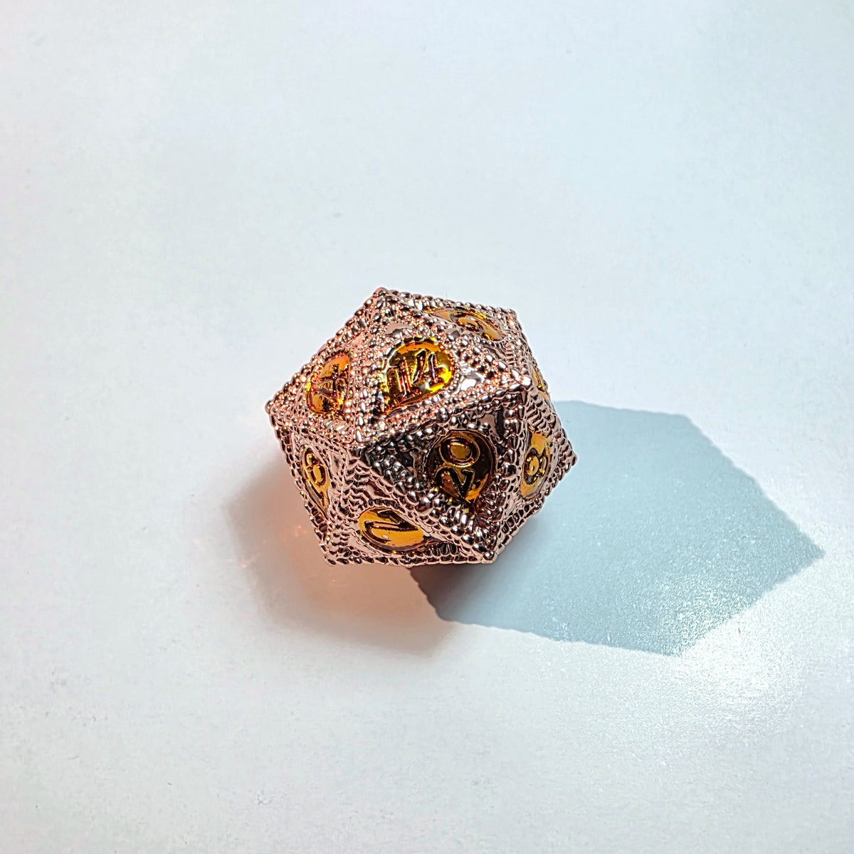 Amber Eye Rose Gold Solid Metal Dice Set