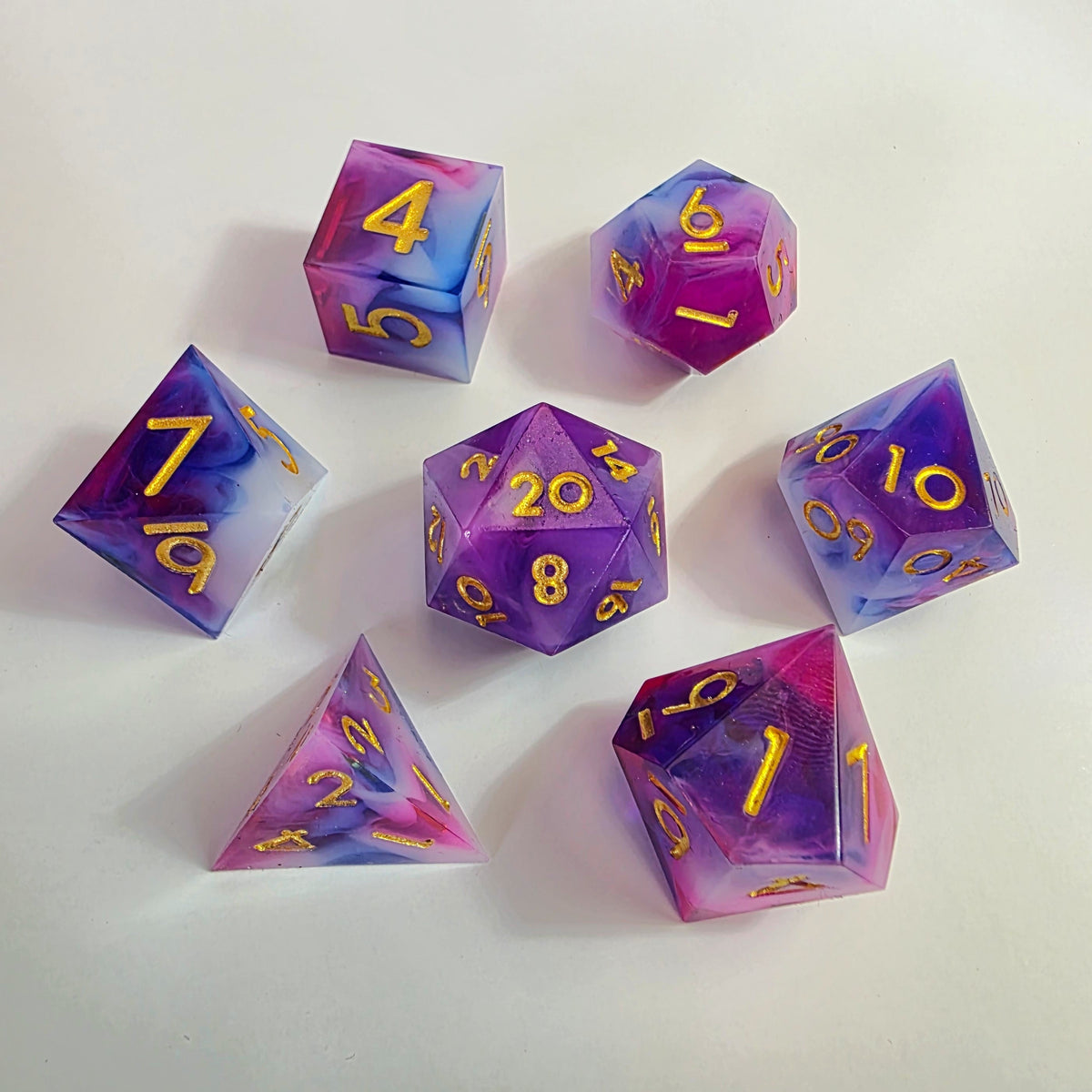 Pink White Blue Swirl Sharp Edge Resin Dice Set