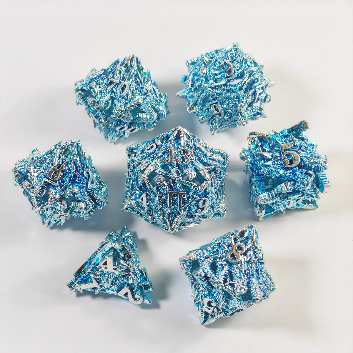 Dragon Head Silver Blue Hollow Metal Dice Set