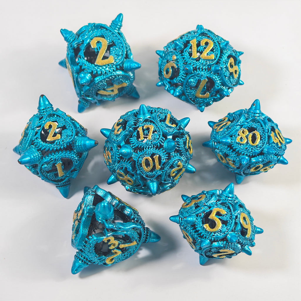Sky Blue Dragon Coil Hollow Metal Dice Set