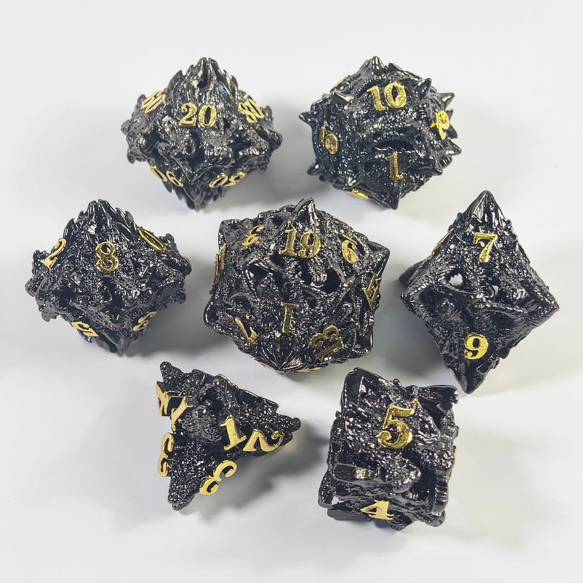 Dragon Head Black Gold Hollow Metal Dice Set