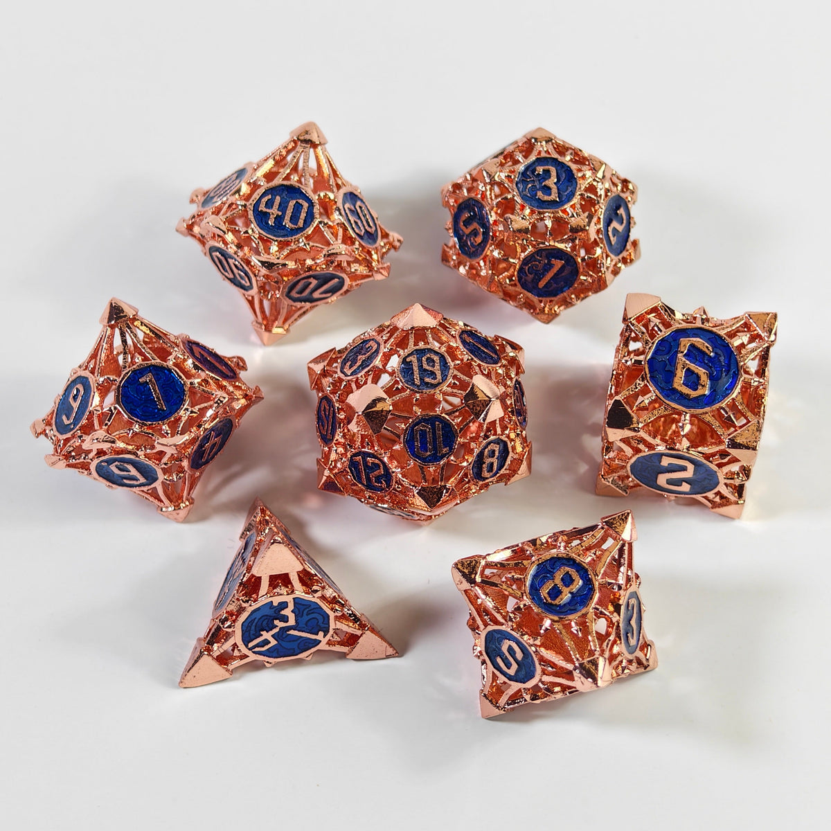 Rose Gold Blue Arrow Hollow Metal Dice Set
