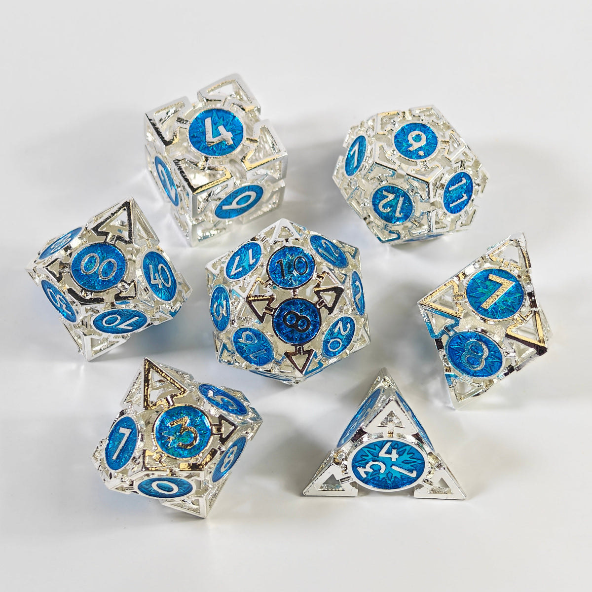 Silver Blue Arrow Hollow Metal Dice Set