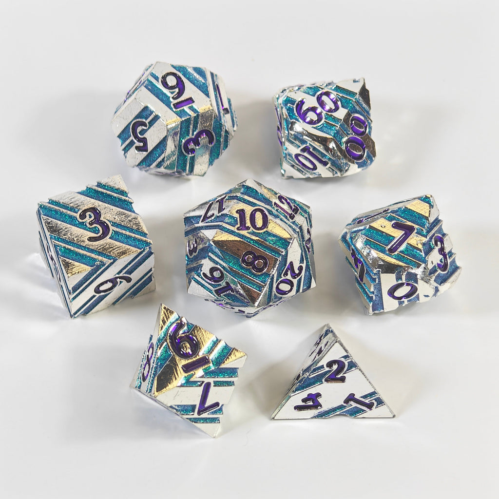 Silver Teal Striped Solid Metal Dice Set