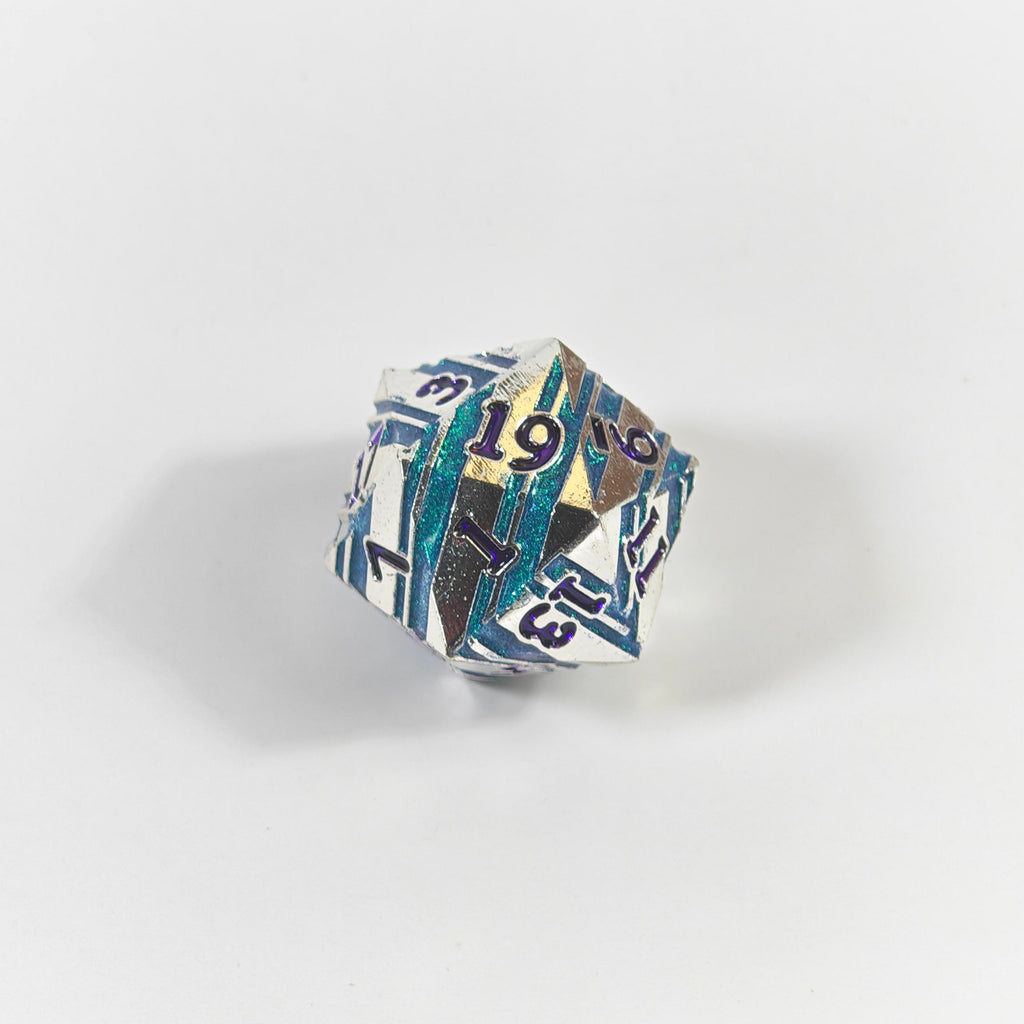 Silver Teal Striped Solid Metal Dice Set