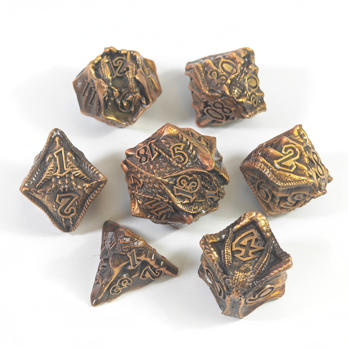 Temple Dragon Antique Gold Solid Metal Dice Set