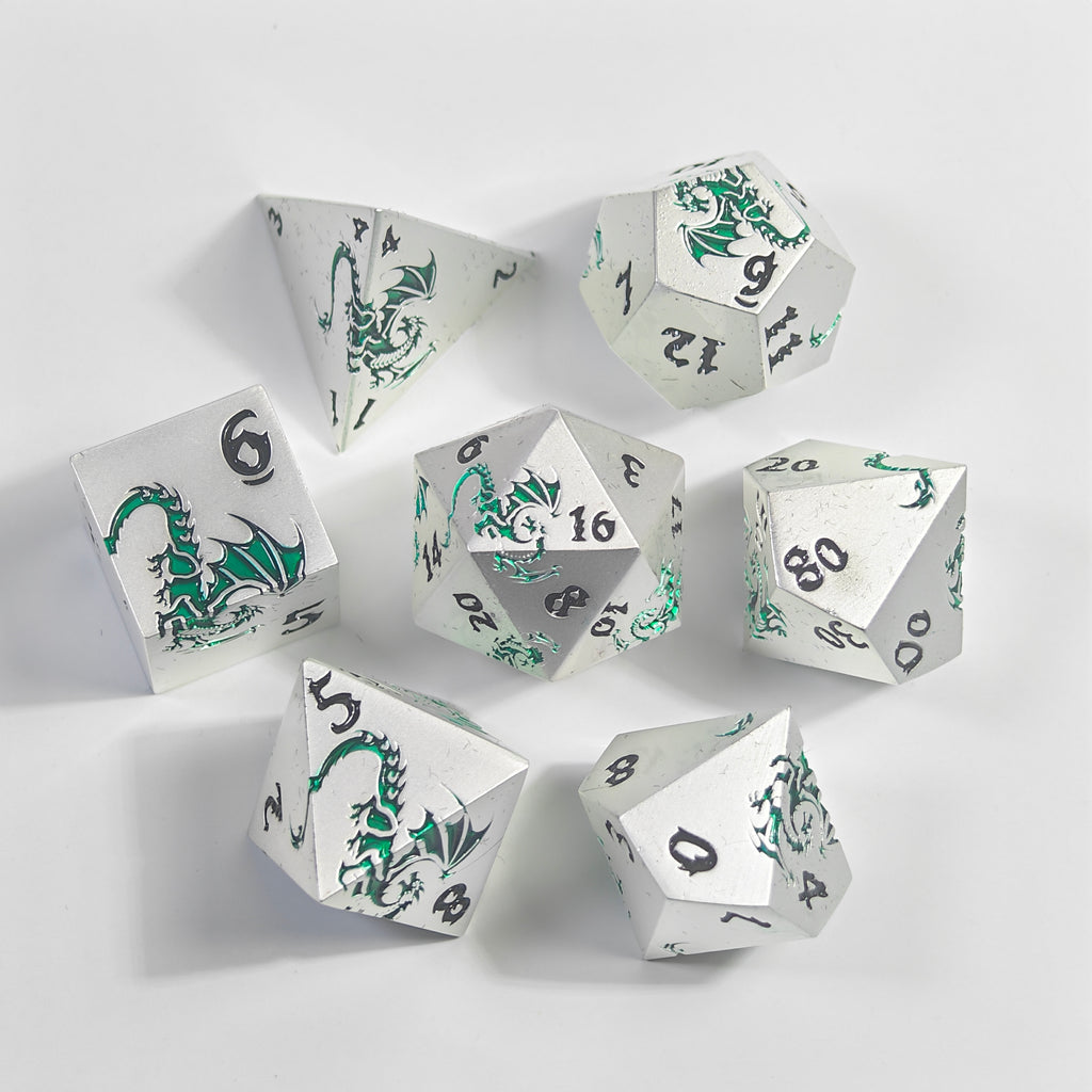 Green Dragon Imprint Solid Metal Dice Set