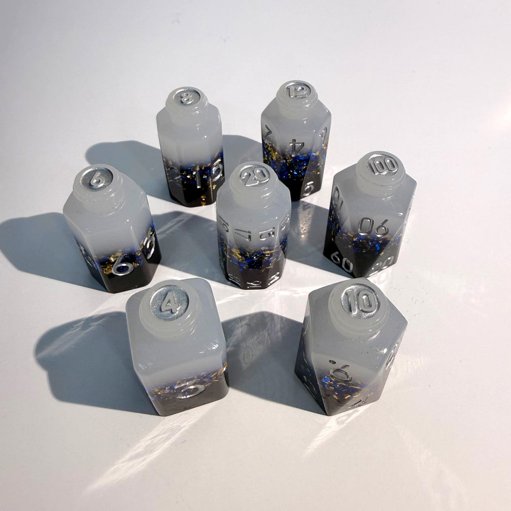 Black White Blue Bottles Resin Dice Set